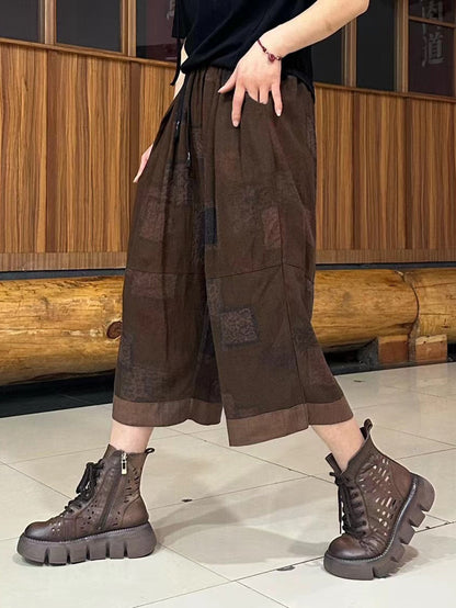 Summer Retro Spliced Linen Calf-length Pants Ty1039