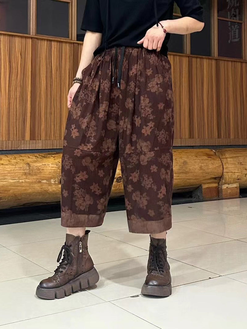 Summer Retro Spliced Linen Calf-length Pants Ty1039
