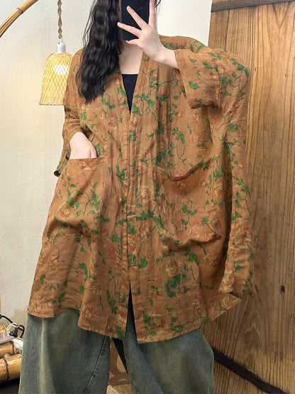 Summer Flower Loose Ramie Shirt Coat Ty1012