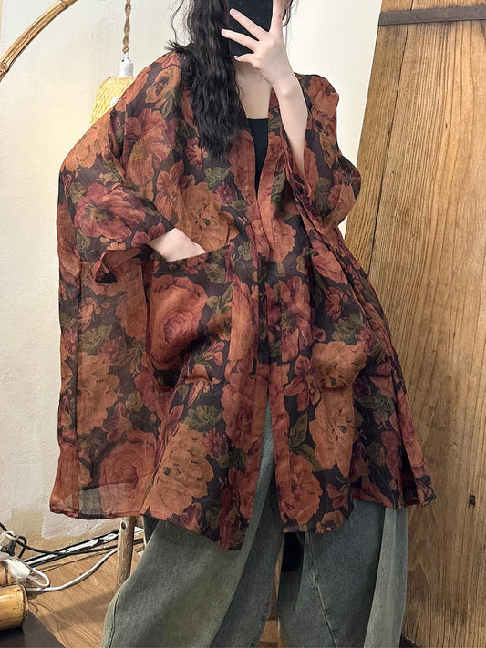 Summer Flower Loose Ramie Shirt Coat Ty1012