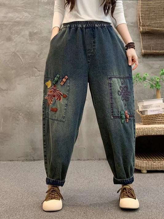 Summer Retro Flower Embroidery Denim Harem Pants Io1021