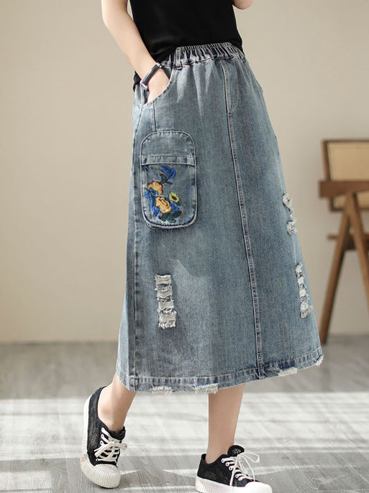 Summer Flower Embroidery Frayed Denim Skirt As1041