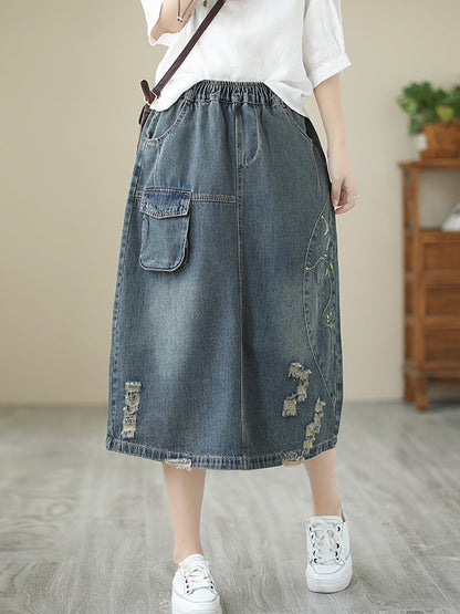 Summer Flower Embroidery Frayed Denim Skirt As1041