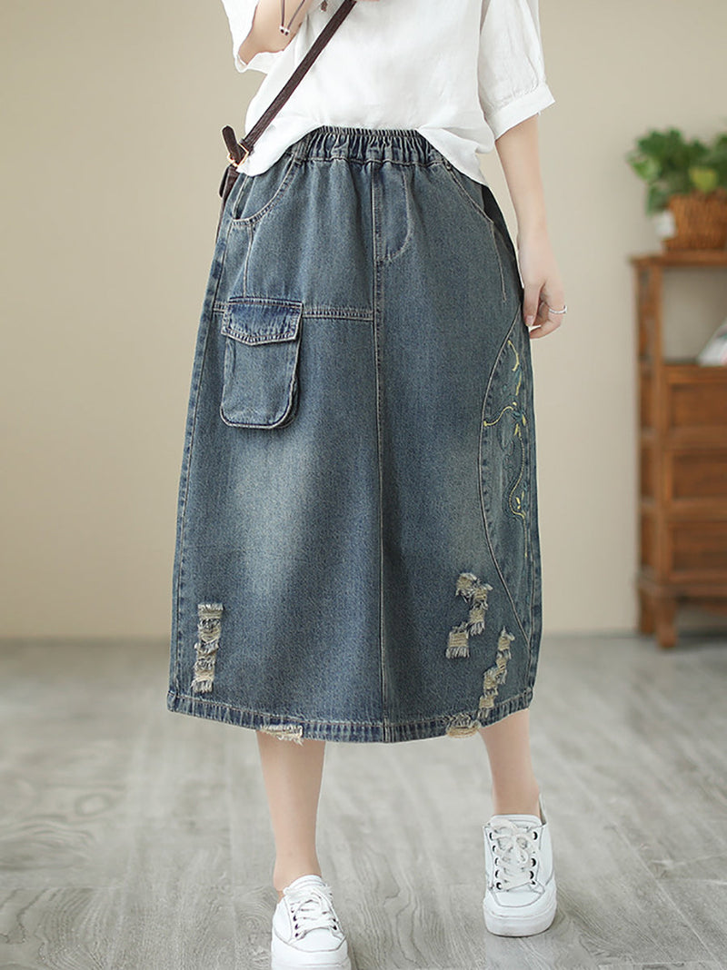 Summer Flower Embroidery Frayed Denim Skirt As1041