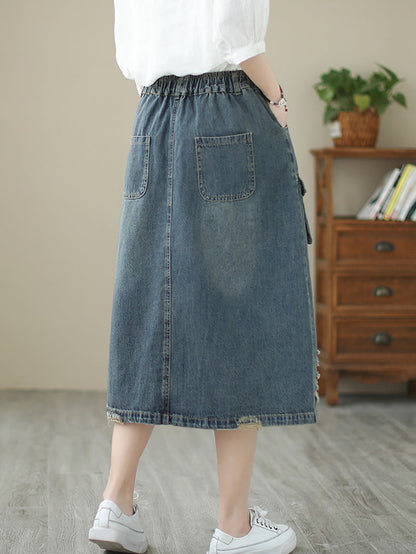 Summer Flower Embroidery Frayed Denim Skirt As1041