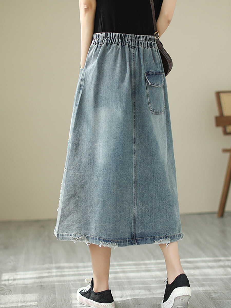 Summer Flower Embroidery Frayed Denim Skirt As1041