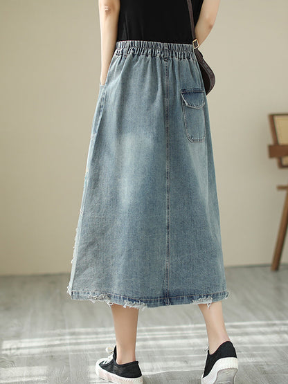 Summer Flower Embroidery Frayed Denim Skirt As1041