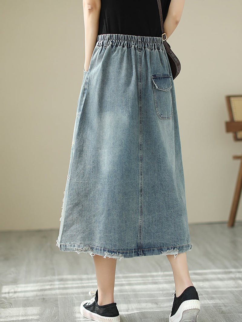 Summer Flower Embroidery Frayed Denim Skirt As1041