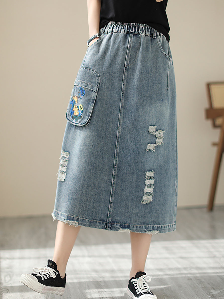 Summer Flower Embroidery Frayed Denim Skirt As1041