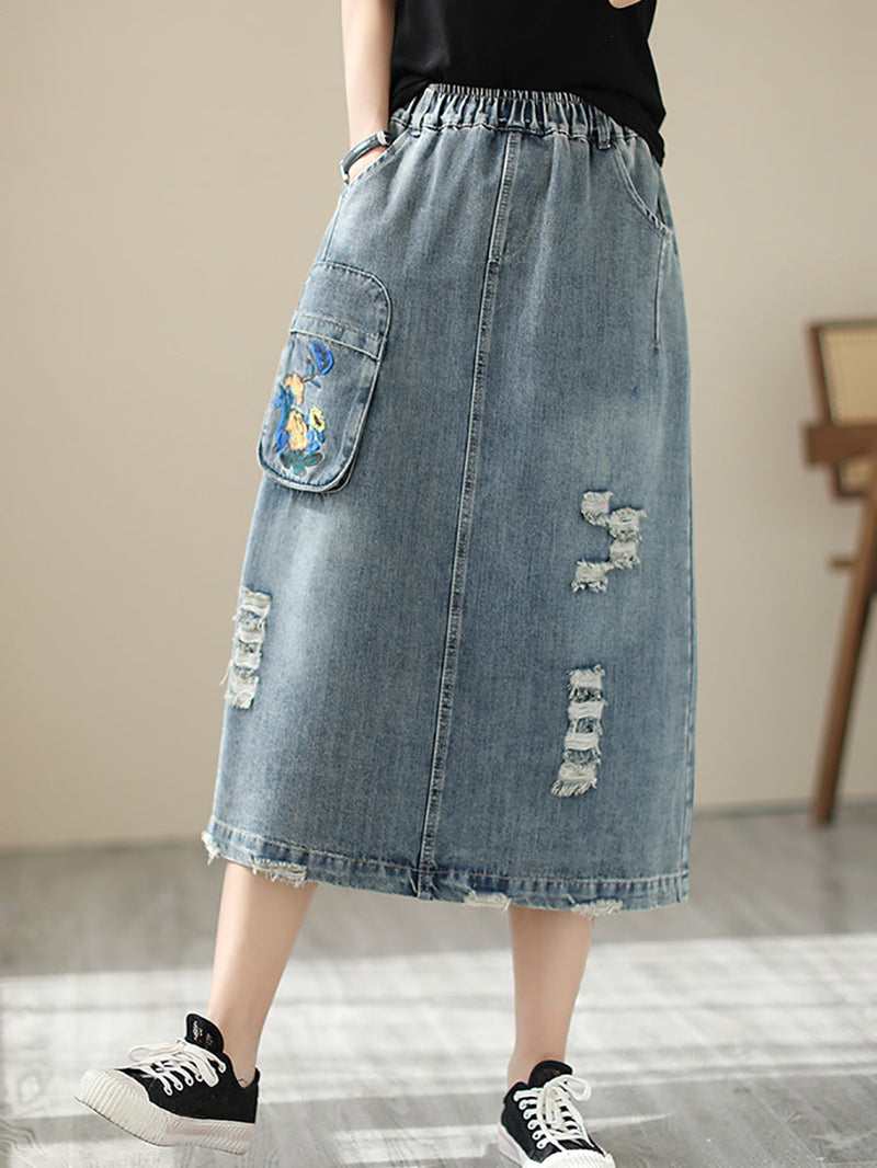 Summer Flower Embroidery Frayed Denim Skirt As1041