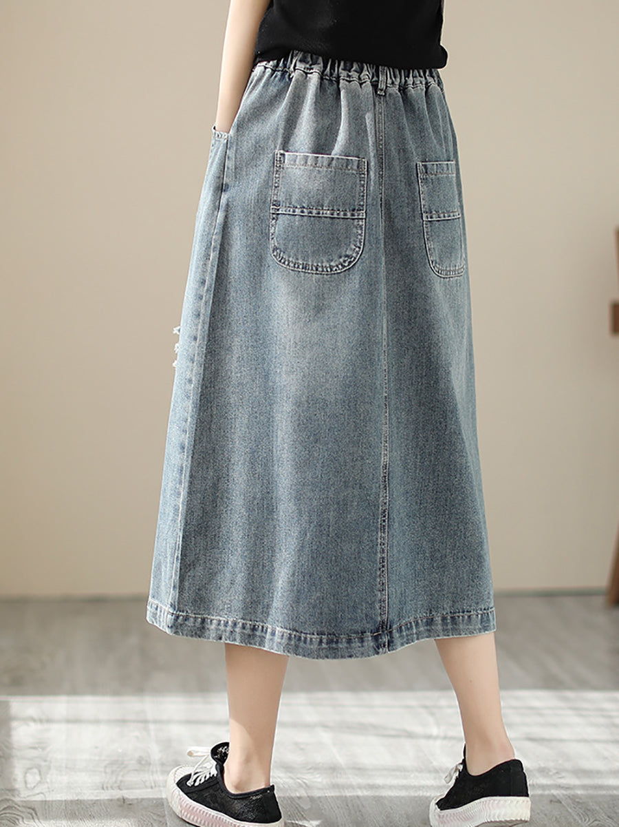 Summer Flower Embroidery Frayed Denim Skirt As1041