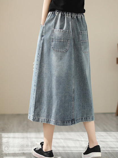 Summer Flower Embroidery Frayed Denim Skirt As1041