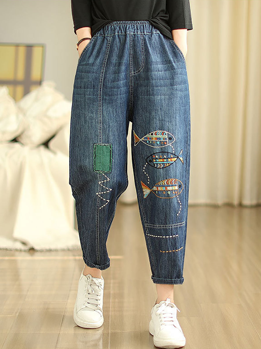 Summer Fish Embroidery Denim Harem Pants As1043