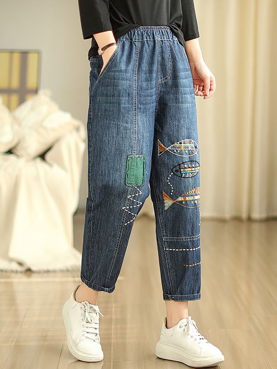Summer Fish Embroidery Denim Harem Pants As1043