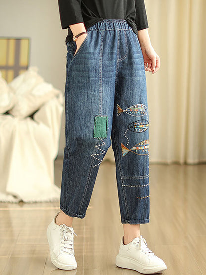 Summer Fish Embroidery Denim Harem Pants As1043