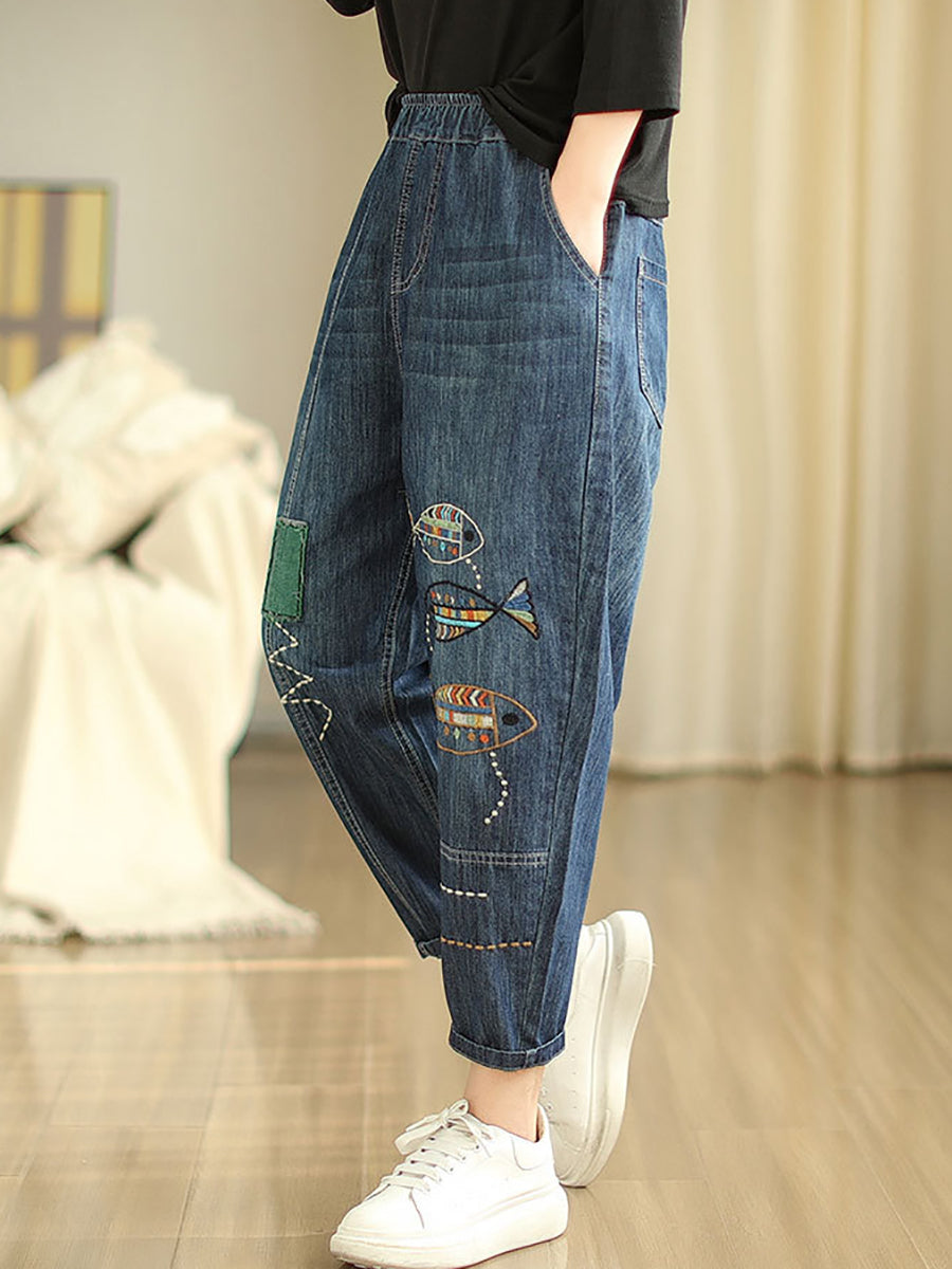 Summer Fish Embroidery Denim Harem Pants As1043