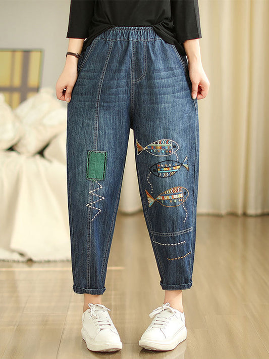 Summer Fish Embroidery Denim Harem Pants As1043