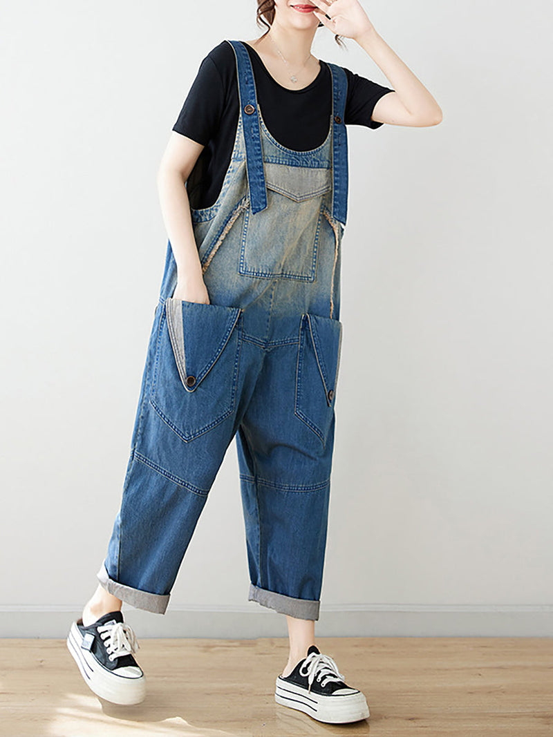Summer Artsy Spliced Washed Denim Jumpsuits As1050