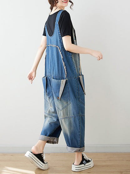 Summer Artsy Spliced Washed Denim Jumpsuits As1050
