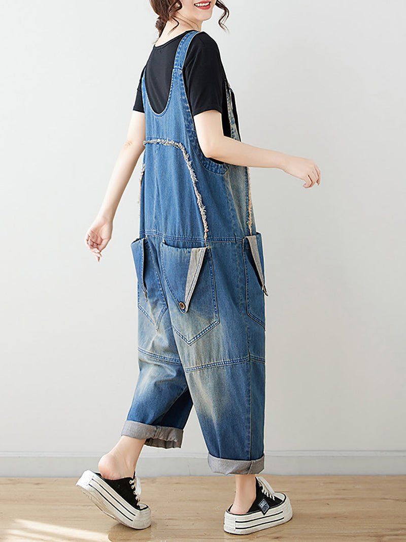 Summer Artsy Spliced Washed Denim Jumpsuits As1050