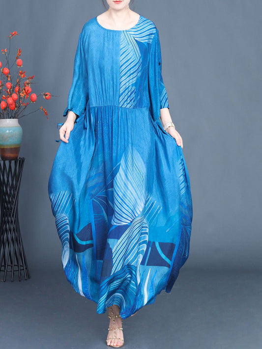 Summer Print Blue O-neck Maxi Dress As1040