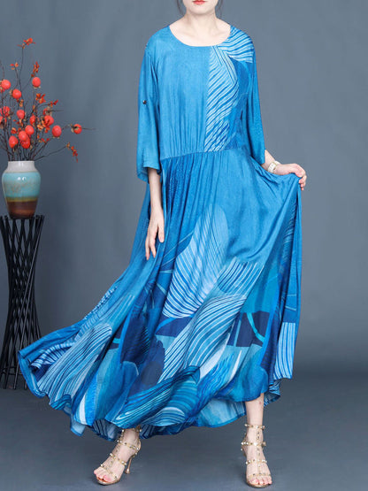Summer Print Blue O-neck Maxi Dress As1040