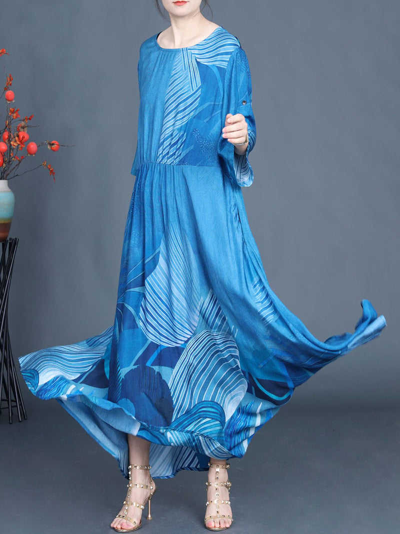 Summer Print Blue O-neck Maxi Dress As1040