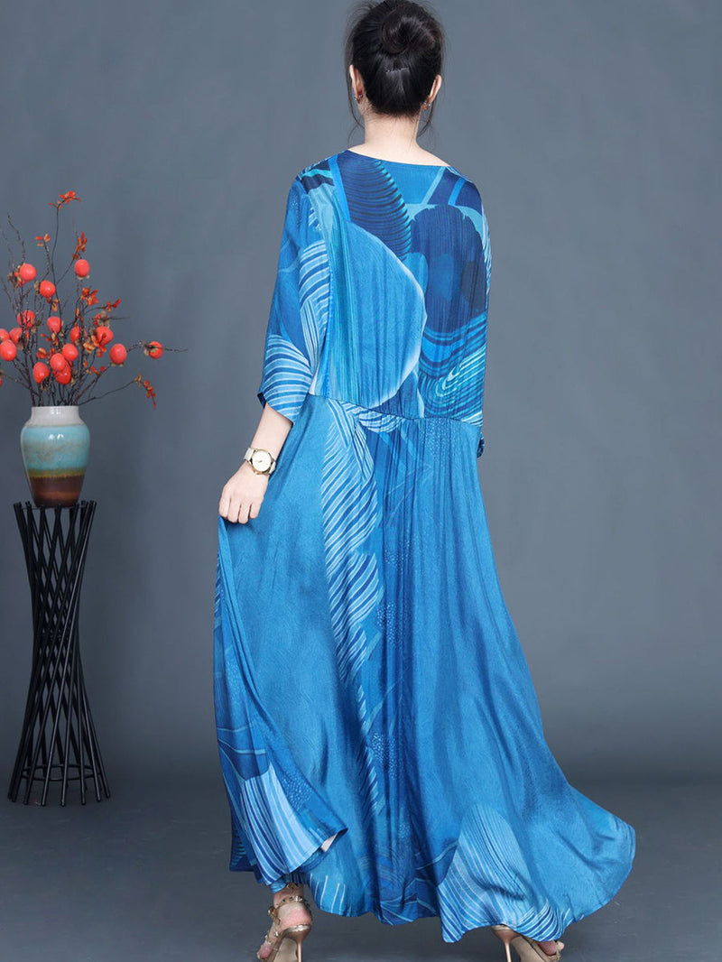 Summer Print Blue O-neck Maxi Dress As1040