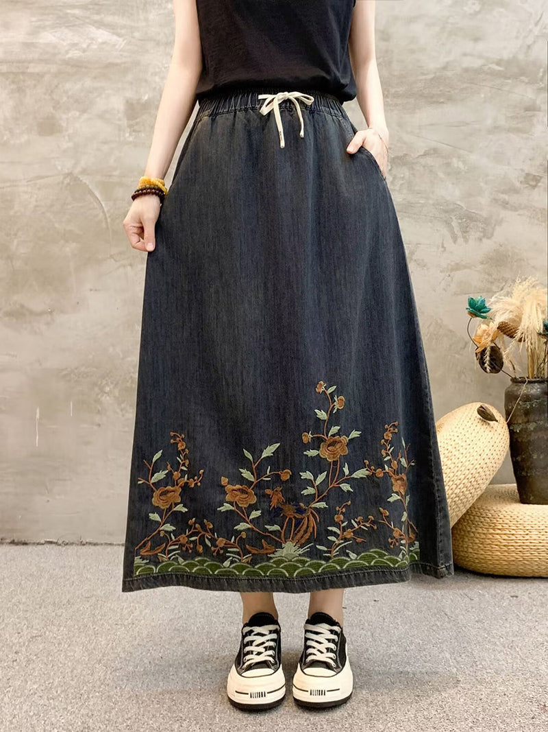 Summer Artsy Flower Embroidert Denim Skirt Fg1009