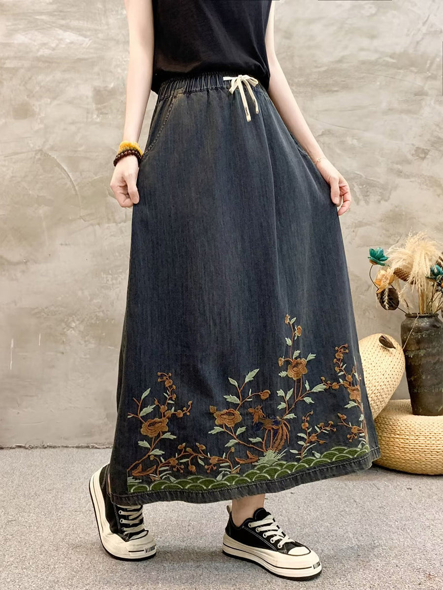 Summer Artsy Flower Embroidert Denim Skirt Fg1009