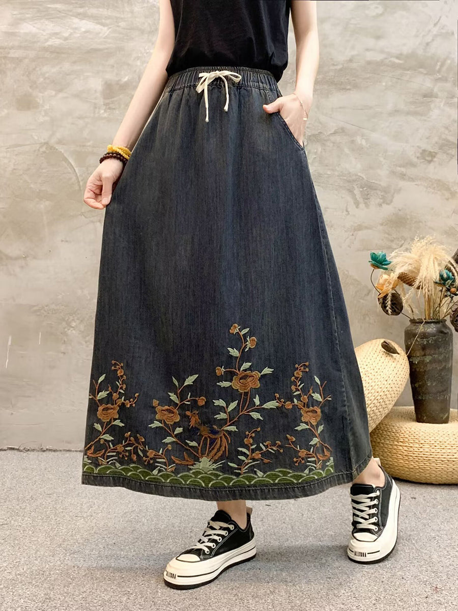 Summer Artsy Flower Embroidert Denim Skirt Fg1009