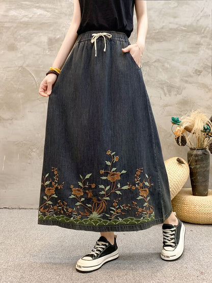 Summer Artsy Flower Embroidert Denim Skirt Fg1009