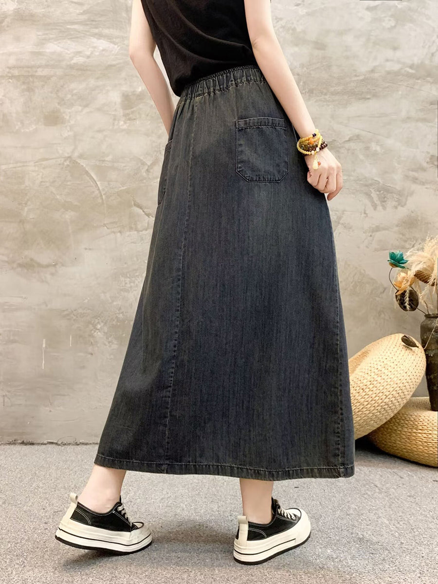 Summer Artsy Flower Embroidert Denim Skirt Fg1009