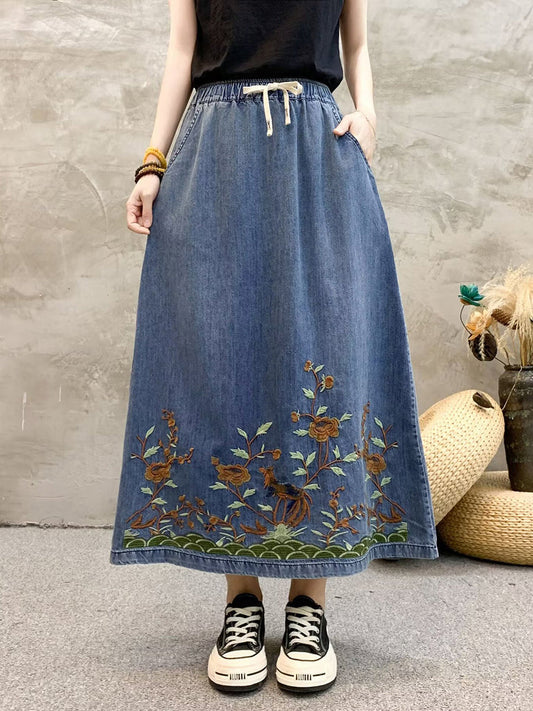 Summer Artsy Flower Embroidert Denim Skirt Fg1009
