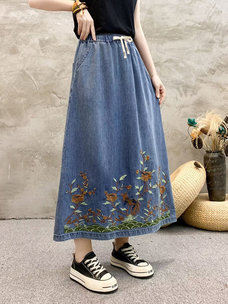 Summer Artsy Flower Embroidert Denim Skirt Fg1009