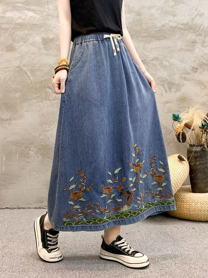 Summer Artsy Flower Embroidert Denim Skirt Fg1009