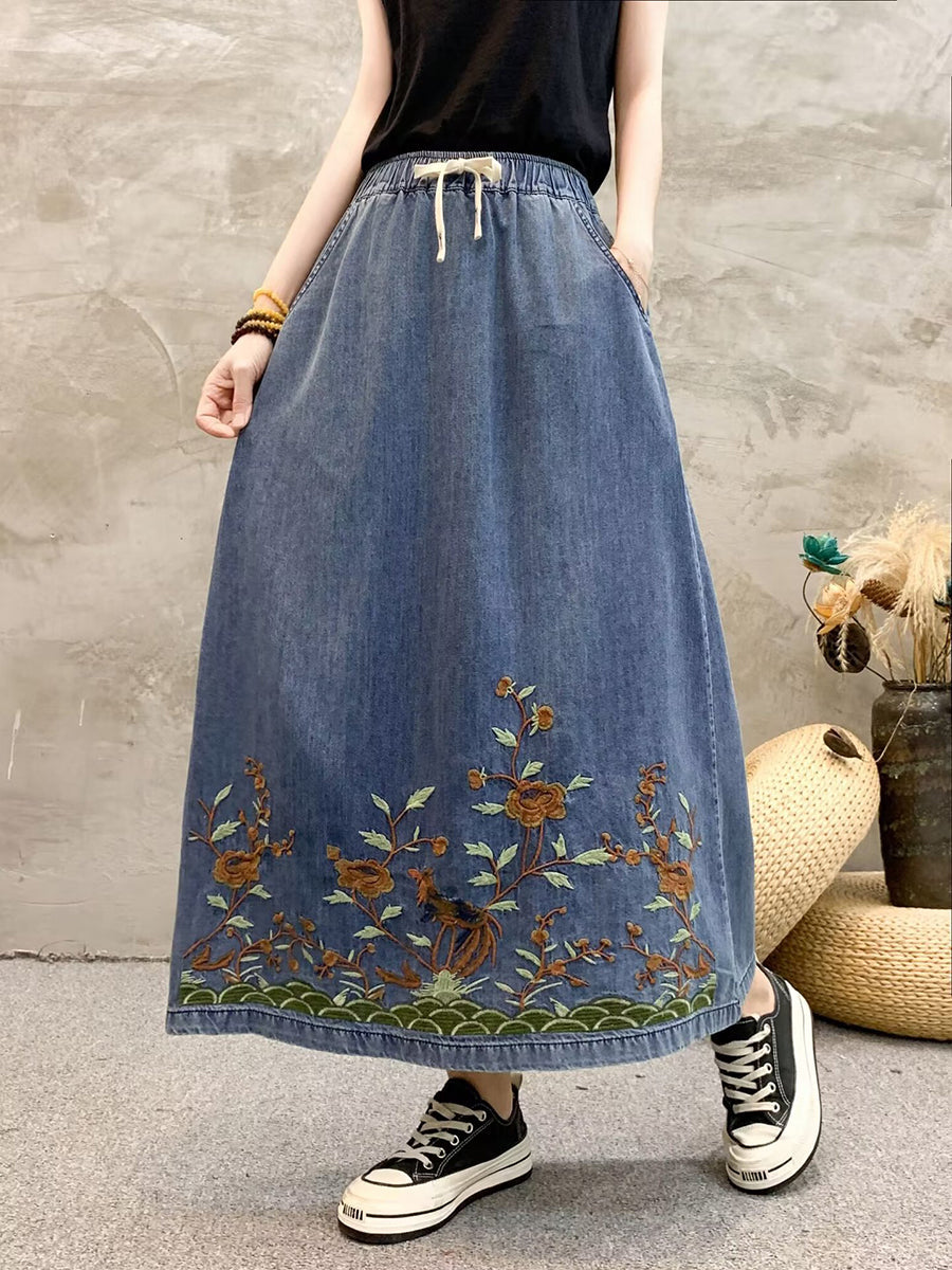 Summer Artsy Flower Embroidert Denim Skirt Fg1009