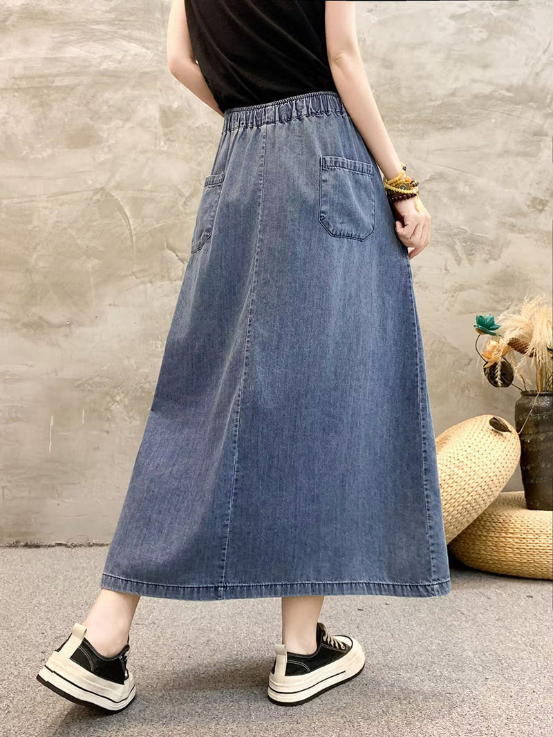 Summer Artsy Flower Embroidert Denim Skirt Fg1009