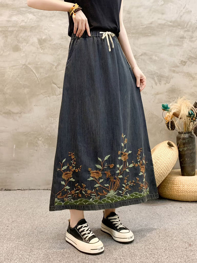 Summer Artsy Flower Embroidert Denim Skirt Fg1009