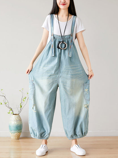 Summer Retro Frayed Washed Denim Jumpsuits Fg1034
