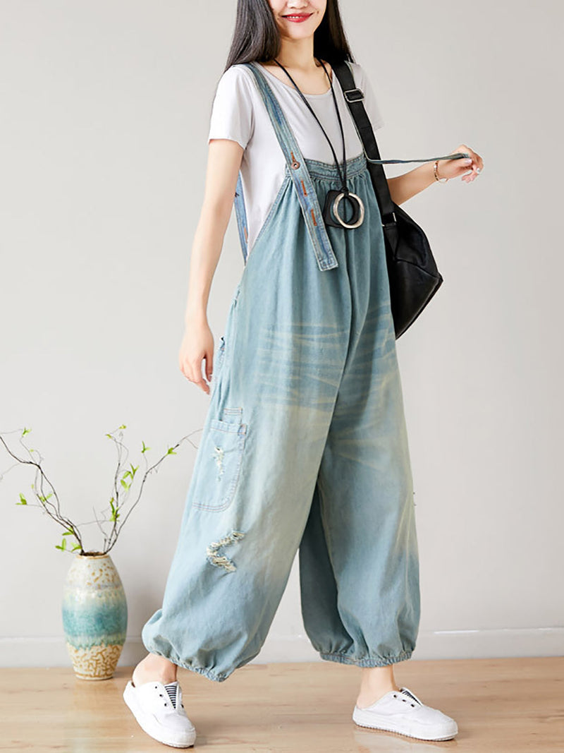 Summer Retro Frayed Washed Denim Jumpsuits Fg1034