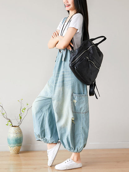 Summer Retro Frayed Washed Denim Jumpsuits Fg1034