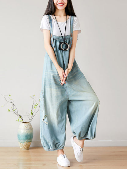 Summer Retro Frayed Washed Denim Jumpsuits Fg1034