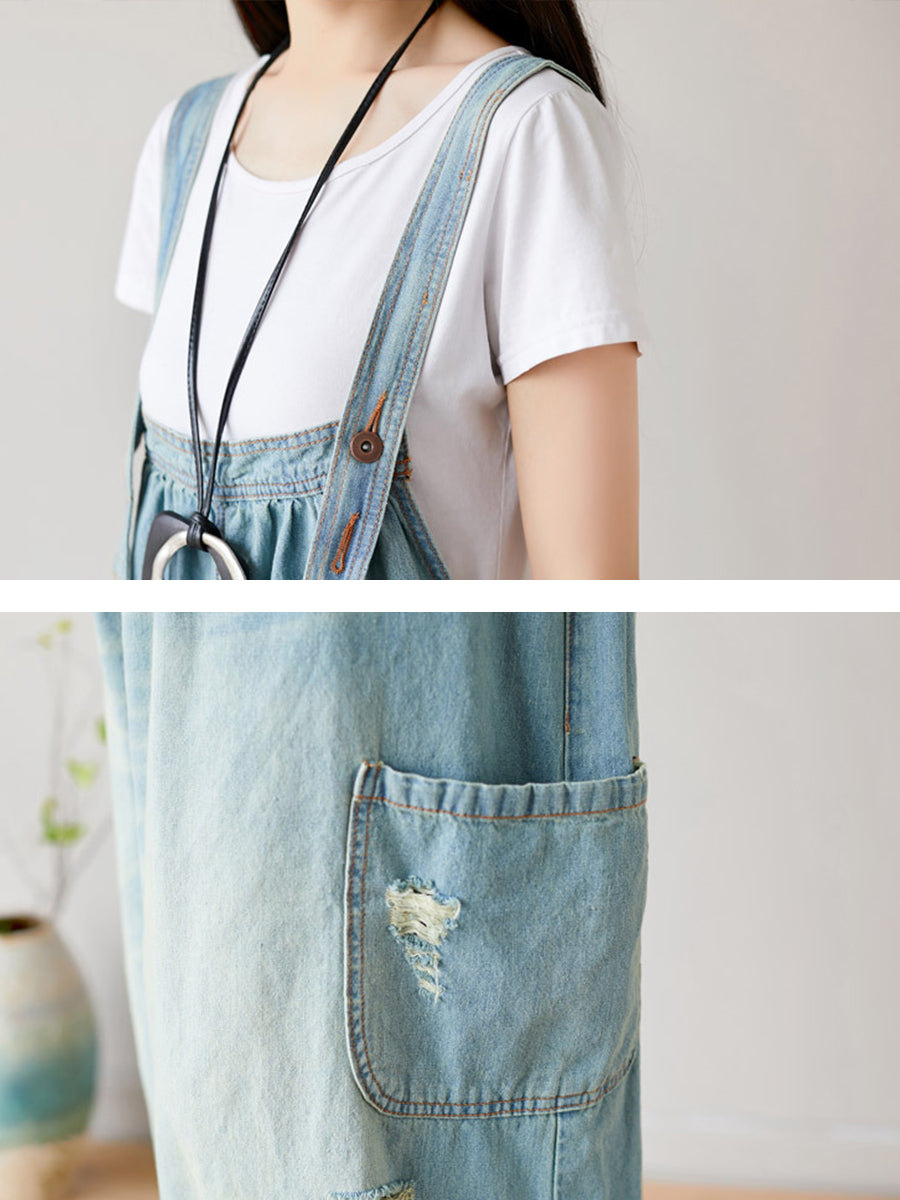 Summer Retro Frayed Washed Denim Jumpsuits Fg1034