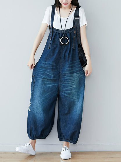 Summer Retro Frayed Washed Denim Jumpsuits Fg1034