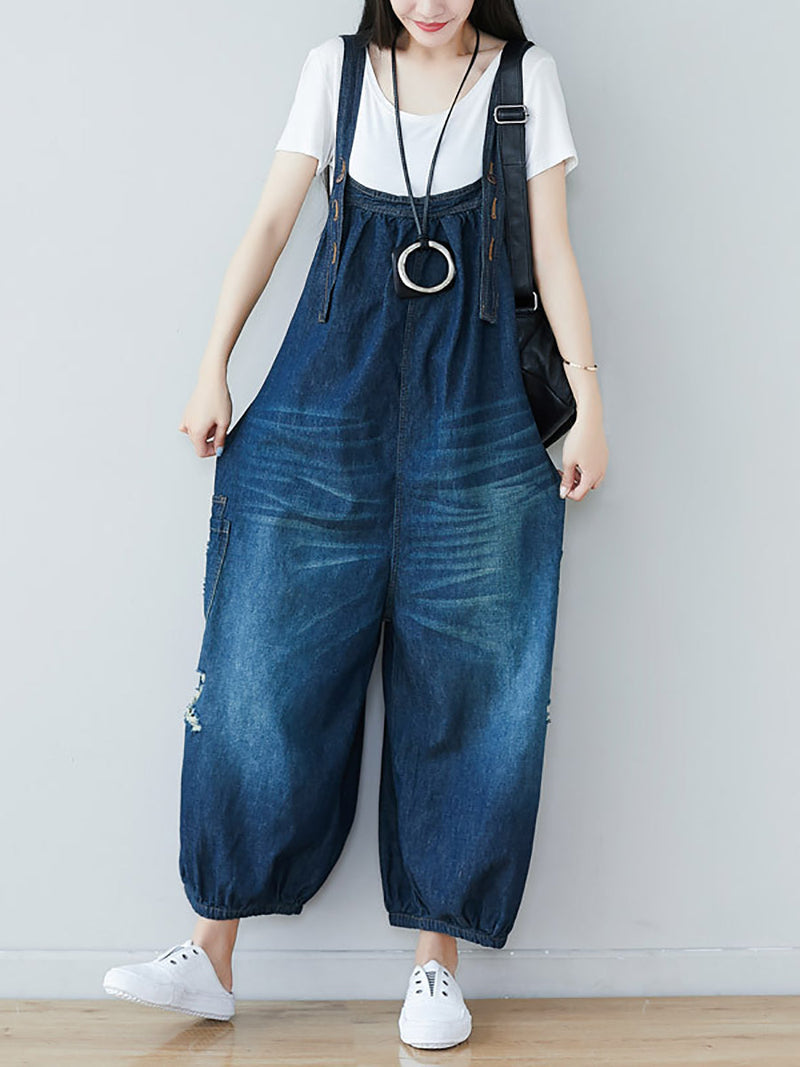 Summer Retro Frayed Washed Denim Jumpsuits Fg1034