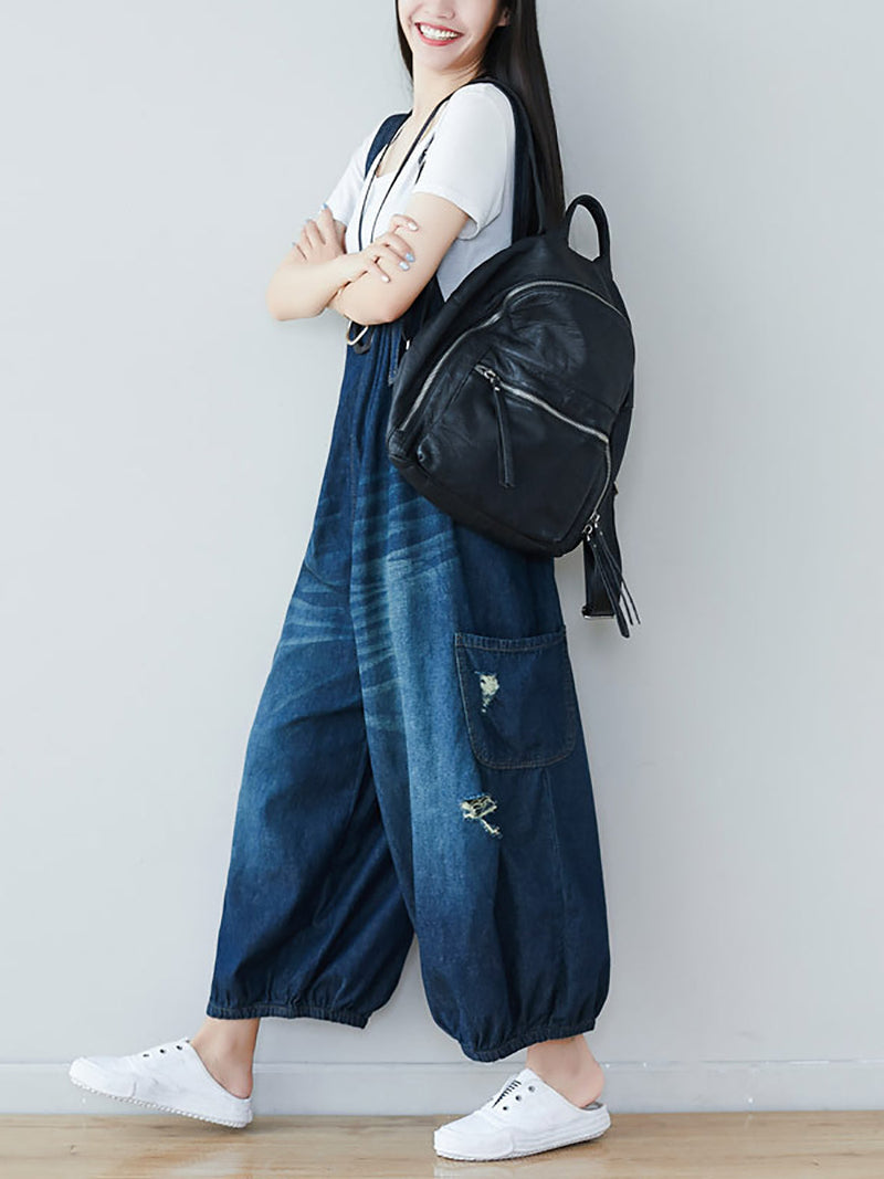 Summer Retro Frayed Washed Denim Jumpsuits Fg1034