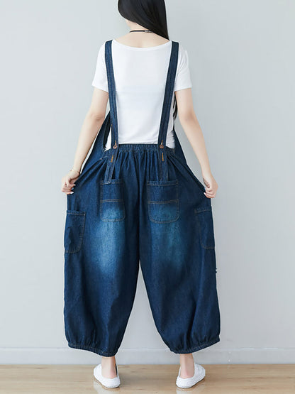 Summer Retro Frayed Washed Denim Jumpsuits Fg1034