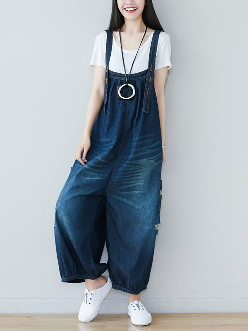 Summer Retro Frayed Washed Denim Jumpsuits Fg1034