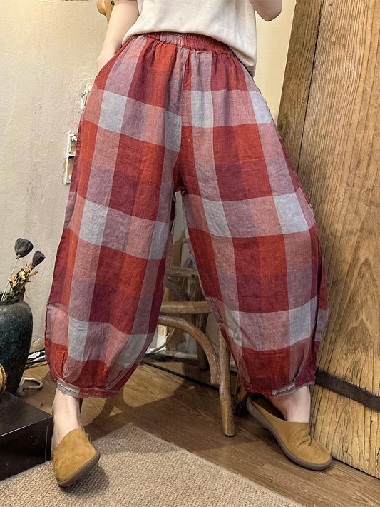 Summer Plaid Linen Harem Pants Oo1024